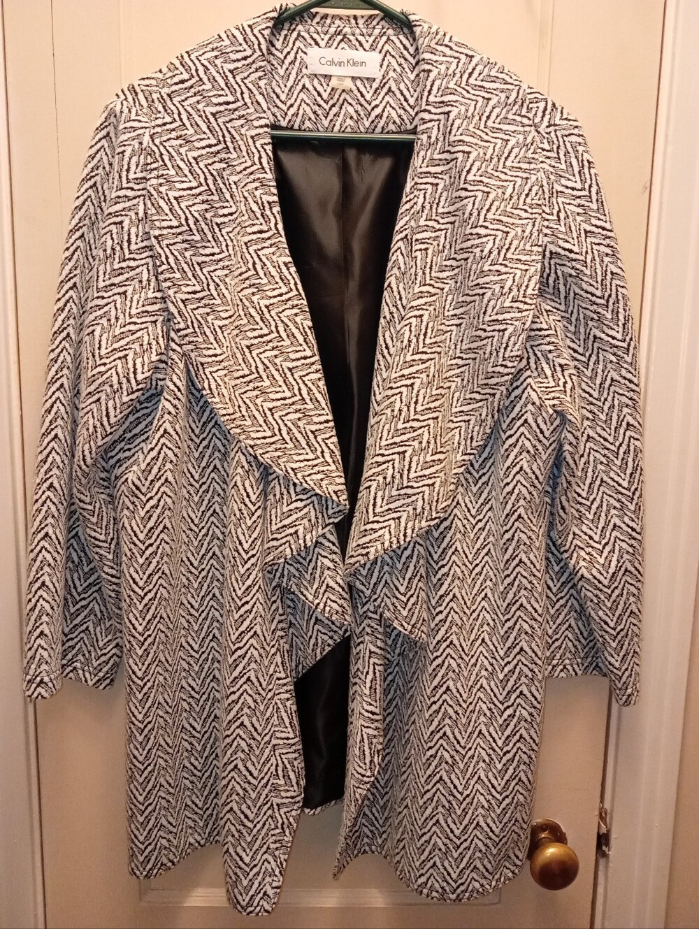 Calvin Klein Black & White Chevron Drape-Front Blazer